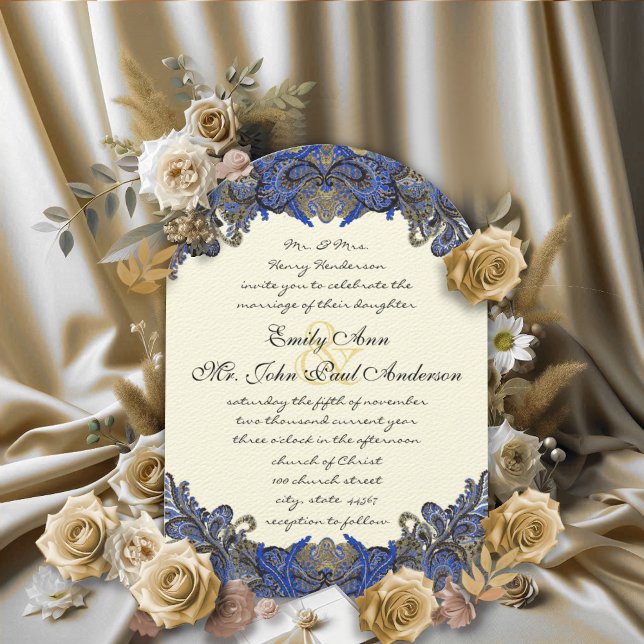 Blue Gold & Black Peacock Ivory Wedding Arch Shape Invitation (Creator Uploaded)