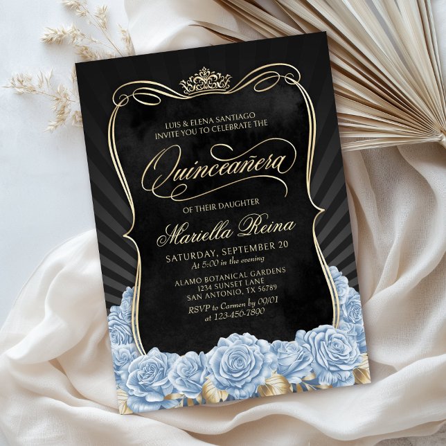 Blue Gold Black Quinceañera Invitation (Creator Uploaded)