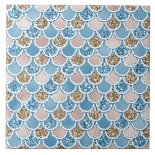 Blue Gold Blush Beige Glitter Mermaid Ceramic Tile