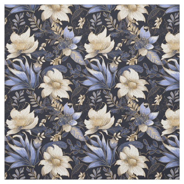 Blue & Gold Boho Chic Floral Pattern Fabric (Swatch)