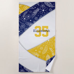 blue gold boho floral feathers pattern volleyball beach towel