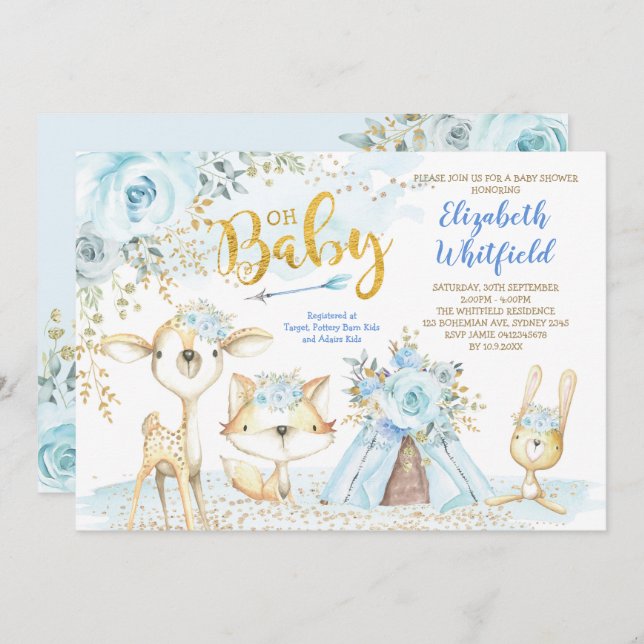 Blue Gold Boho Woodland Forest Boy Baby Shower Invitation (Front/Back)