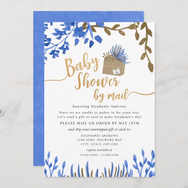 Blue Gold Botanical Neutral Baby Shower by mail Invitation (Front/Back)