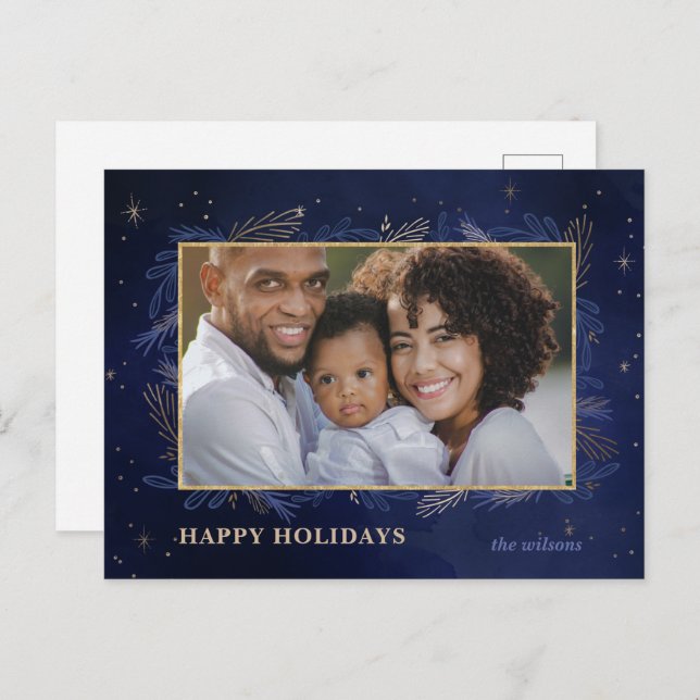 Blue Gold Botanical Photo Holiday PostCard (Front/Back)