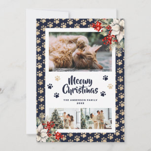 Blue Gold Botanical Photo Meowy Christmas Card