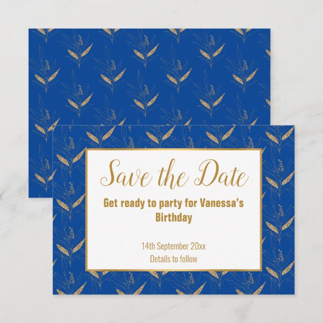 BLUE GOLD BOTANICAL SAVE THE DATE  ANNOUNCEMENT (Front/Back)