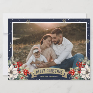 Blue Gold Botanical Snowflake Photo Christmas Holiday Card