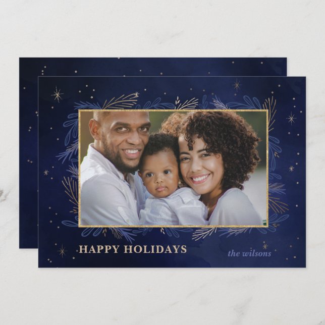 Blue Gold Botanical Sparkle Photo Holiday Card (Front/Back)