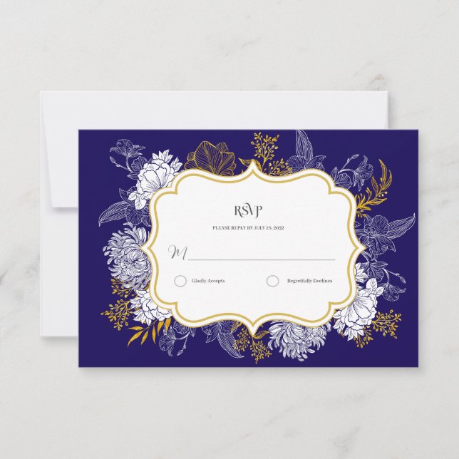 Blue Gold Botany Graphic Wedding RSVP Card (Front)