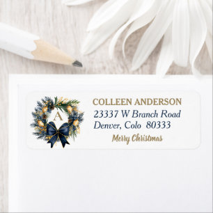 Blue Gold Bow Christmas Wreath Return Address Label