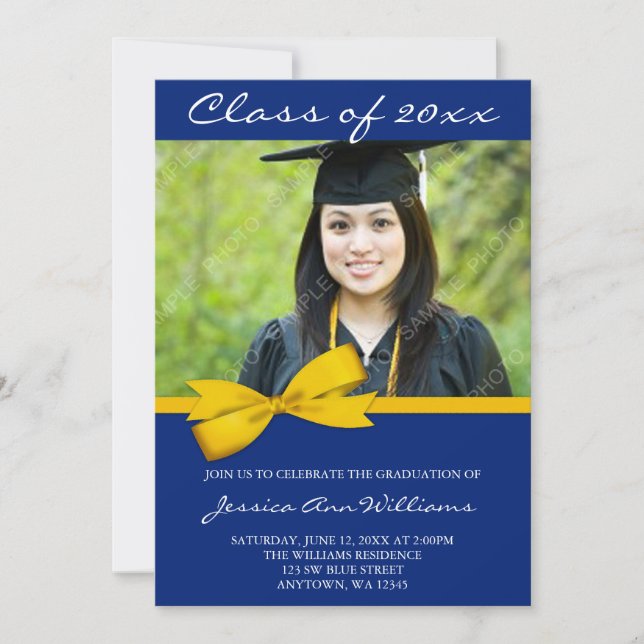 Blue Gold Bow Photo Graduation Announcement (Front)