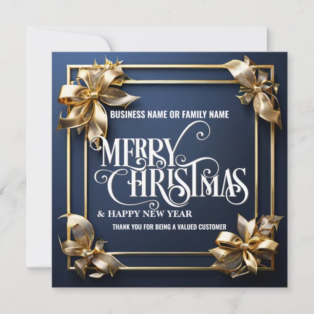 Blue gold bows business christmas photo logo qr  holiday card (Front)