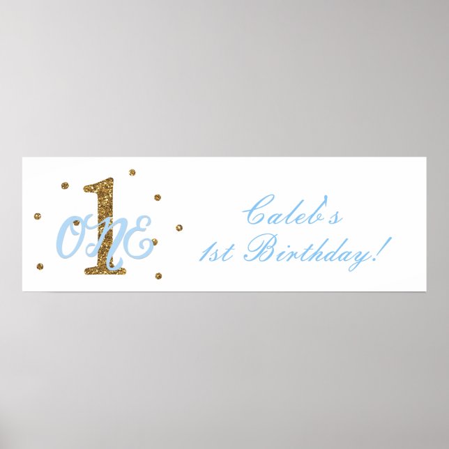 Blue & Gold Boys ONE 1st Birthday Party Banner Poster (Front)