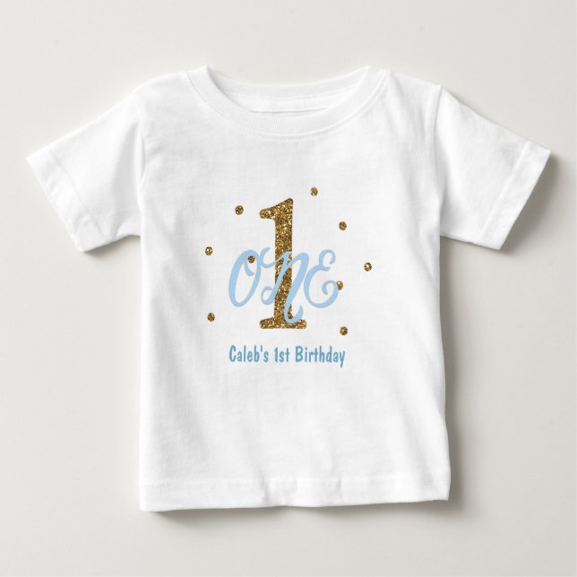 Blue & Gold Boys ONE 1st Birthday Party Custom Baby T-Shirt (Front)