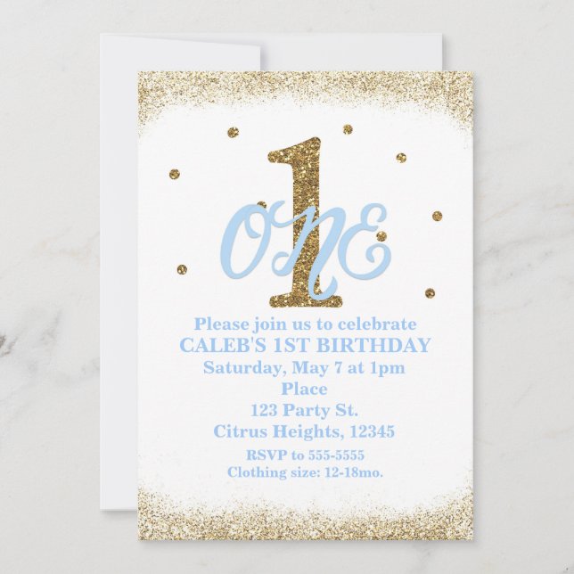 Blue & Gold Boys ONE 1st Birthday Party Invitation (Front)