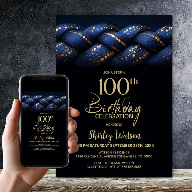 Blue Gold Braid 100th Birthday Party Invitation (Creator Uploaded)
