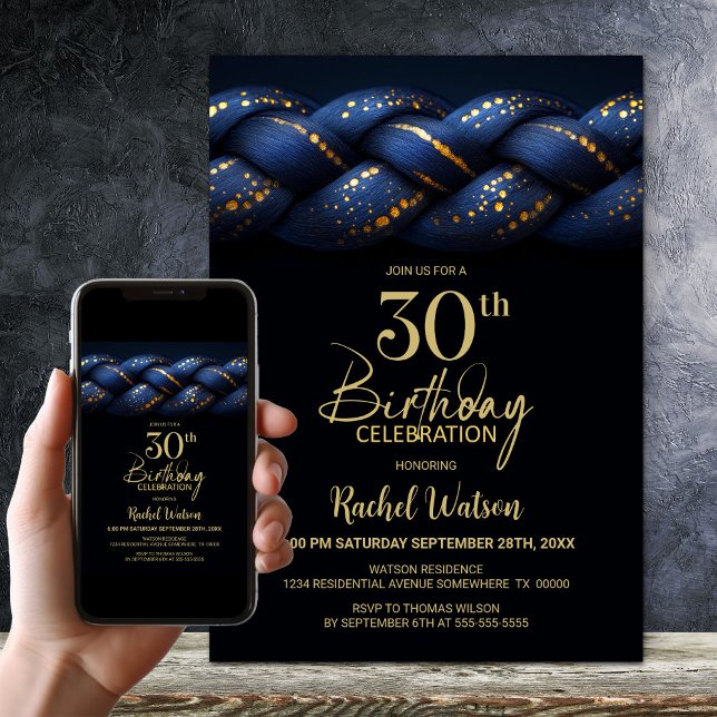 Blue Gold Braid 30th Birthday Party Invitation (Creator Uploaded)