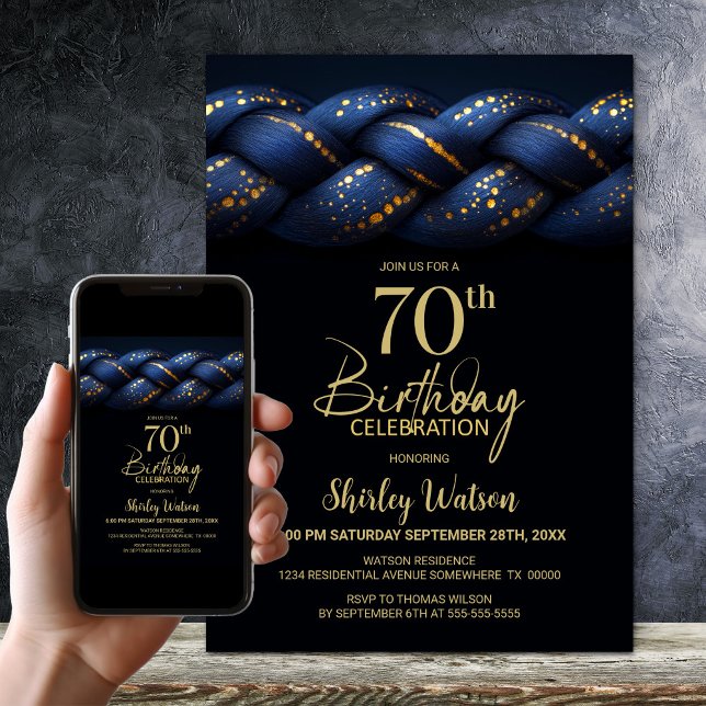 Blue Gold Braid 70th Birthday Party Invitation (Creator Uploaded)