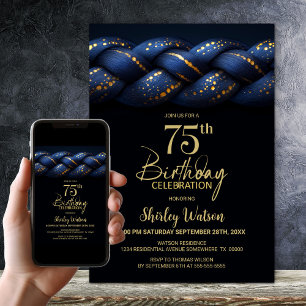 Blue Gold Braid 75th Birthday Party Invitation