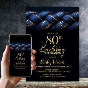 Blue Gold Braid 80th Birthday Party Invitation