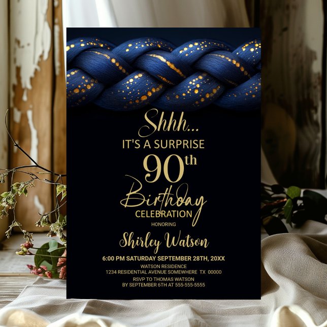 Blue Gold Braid Surprise 90th Birthday Party Invitation (Creator Uploaded)