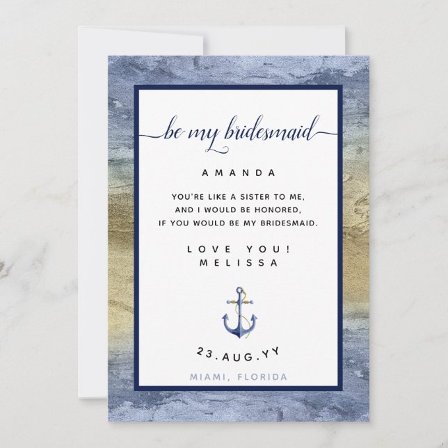 Blue & Gold Bridesmaid Proposal #Nautical Card (Front)