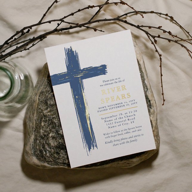 Blue & Gold Brush Stroke Cross Funeral Memorial (Creator Uploaded)