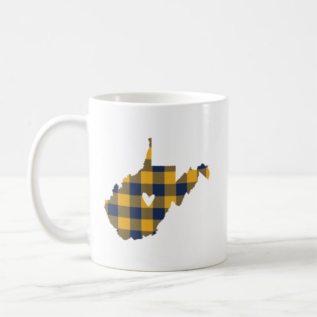 Blue & Gold Buffalo Plaid West Virginia Outline Coffee Mug (Left)