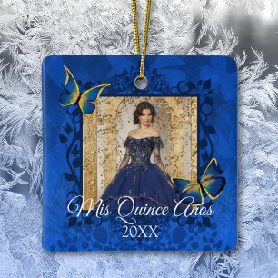Blue, Gold Butterflies Quinceanera Photo Ceramic Ornament
