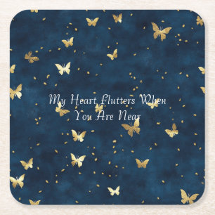 Blue Gold Butterflies Wedding Square Paper Coaster