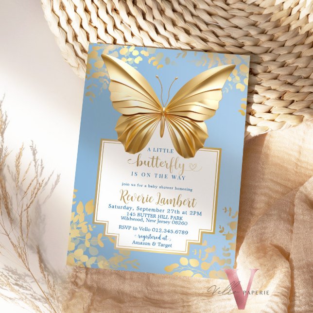 Blue Gold Butterfly Baby Shower Invitation (Creator Uploaded)