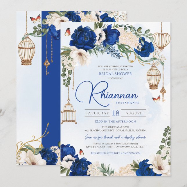 Blue Gold Butterfly Floral Elegant Bridal Shower Invitation (Front/Back)