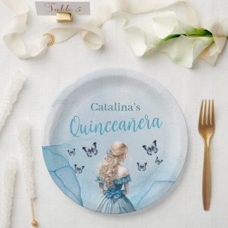 Blue Gold Butterfly Princess Quinceañera Paper Plate