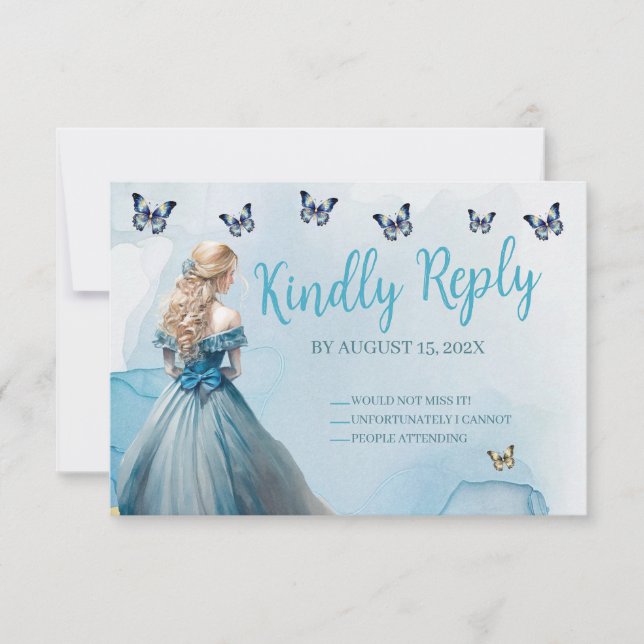 Blue Gold Butterfly Princess Quinceañera RSVP (Front)