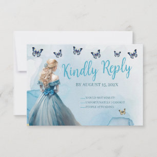 Blue Gold Butterfly Princess Quinceañera RSVP