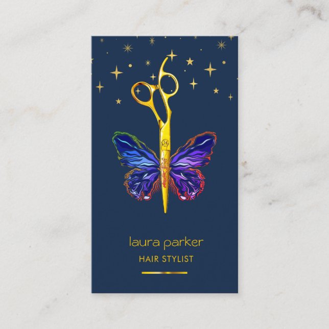 Blue Gold Butterfly Scissor Hair Stylist Salon Business Card (Front)