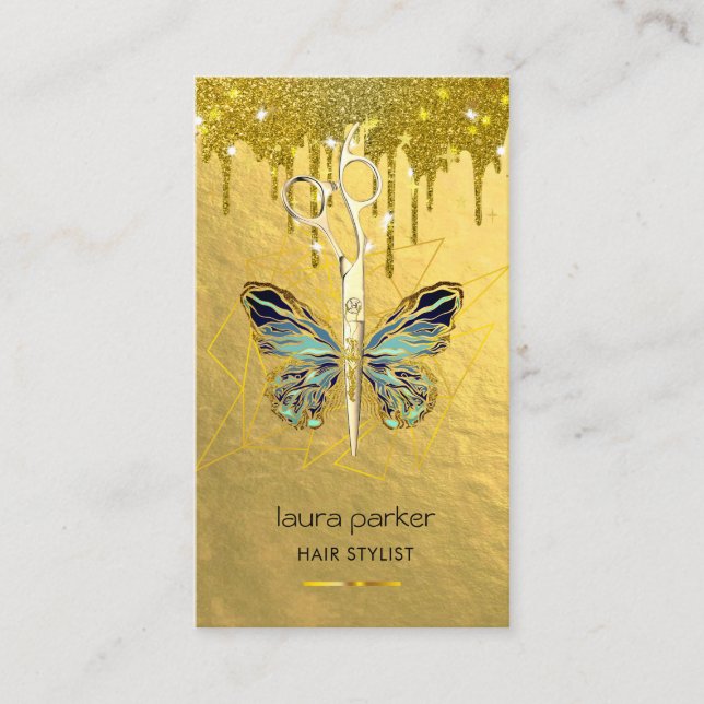 Blue Gold Butterfly Scissors Hair Stylist Salon  Business Card (Front)