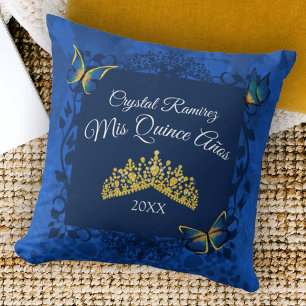 Blue, Gold Butterfly Tiara Quinceanera Pillow