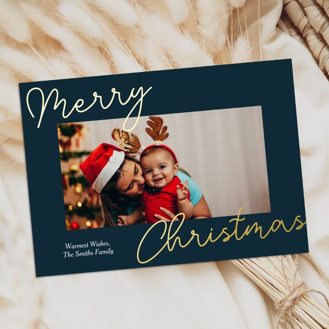 Blue Gold Calligraphy Merry Christmas Simple Photo Foil Holiday Card (Creator Uploaded)