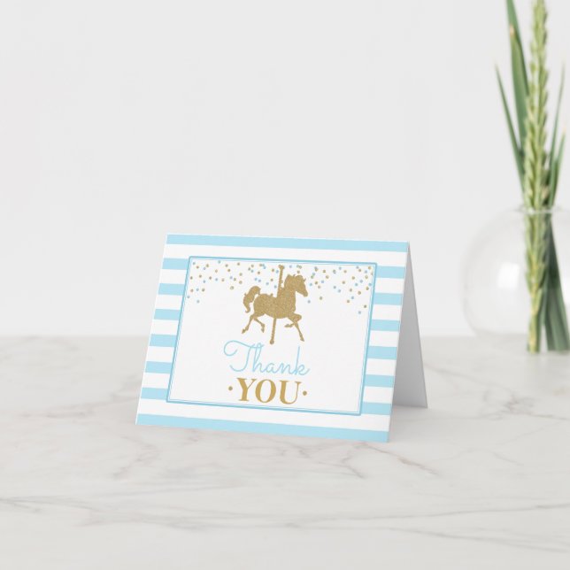 Blue Gold Carousel Horse Folded Thank You Card (Front)
