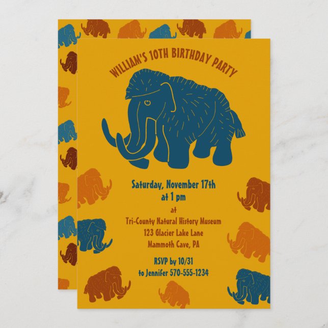 Blue & Gold Cartoon Woolly Mammoth Birthday Party Invitation (Front/Back)