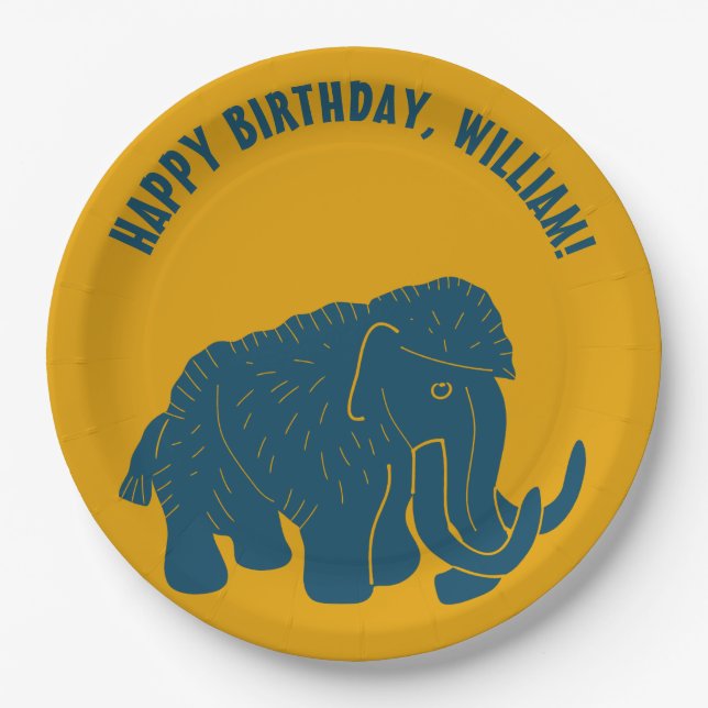 Blue & Gold Cartoon Woolly Mammoth Personalised Paper Plate (Front)