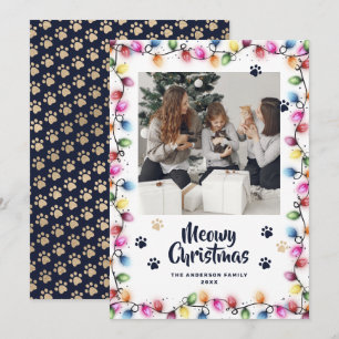 Blue Gold Cat Paws Colourful Photo Meowy Holiday Card