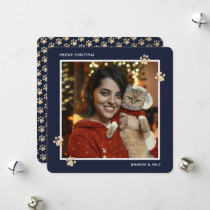 Blue Gold Cat Paws Photo Meowy Christmas Card