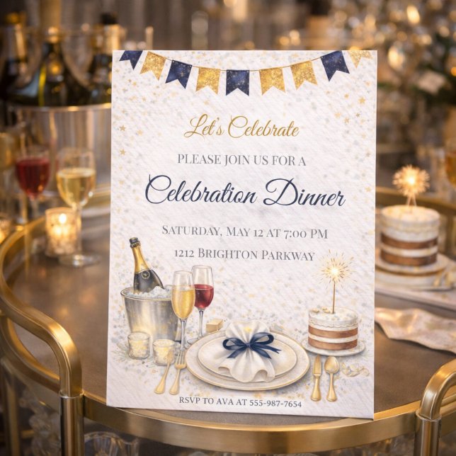 Blue Gold Celebration Night Invitation (Blue and gold celebration dinner with champagne, cake, and refined evening table)