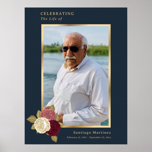 Blue Gold Celebration of Life Photo Funeral Sign (Front)