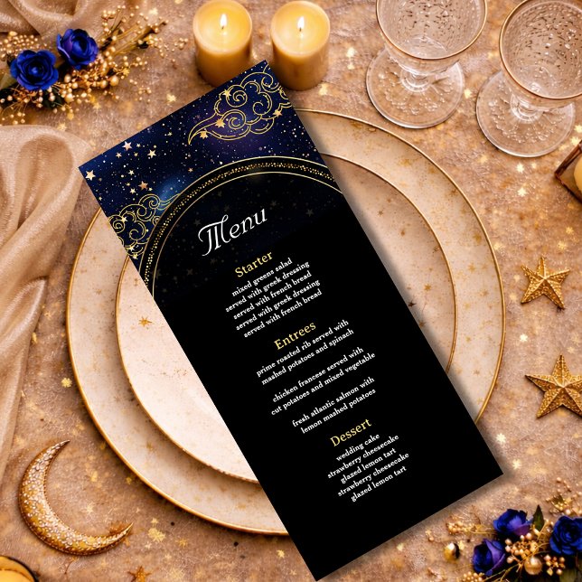 Blue gold celestial astronomy stars wedding menu (Creator Uploaded)