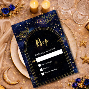 Blue gold celestial astronomy stars wedding RSVP card