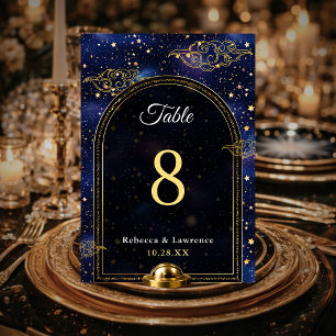 Blue gold celestial astronomy stars wedding table number