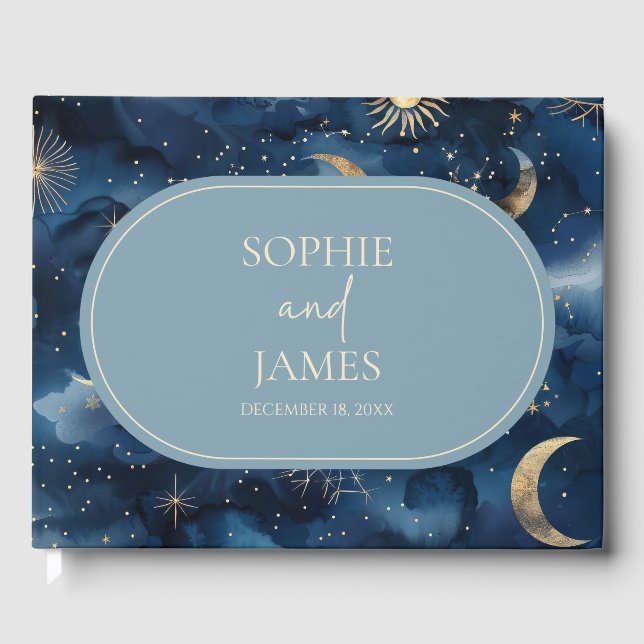 Blue Gold Celestial Elegant Starry Sky Wedding Guest Book (Front)